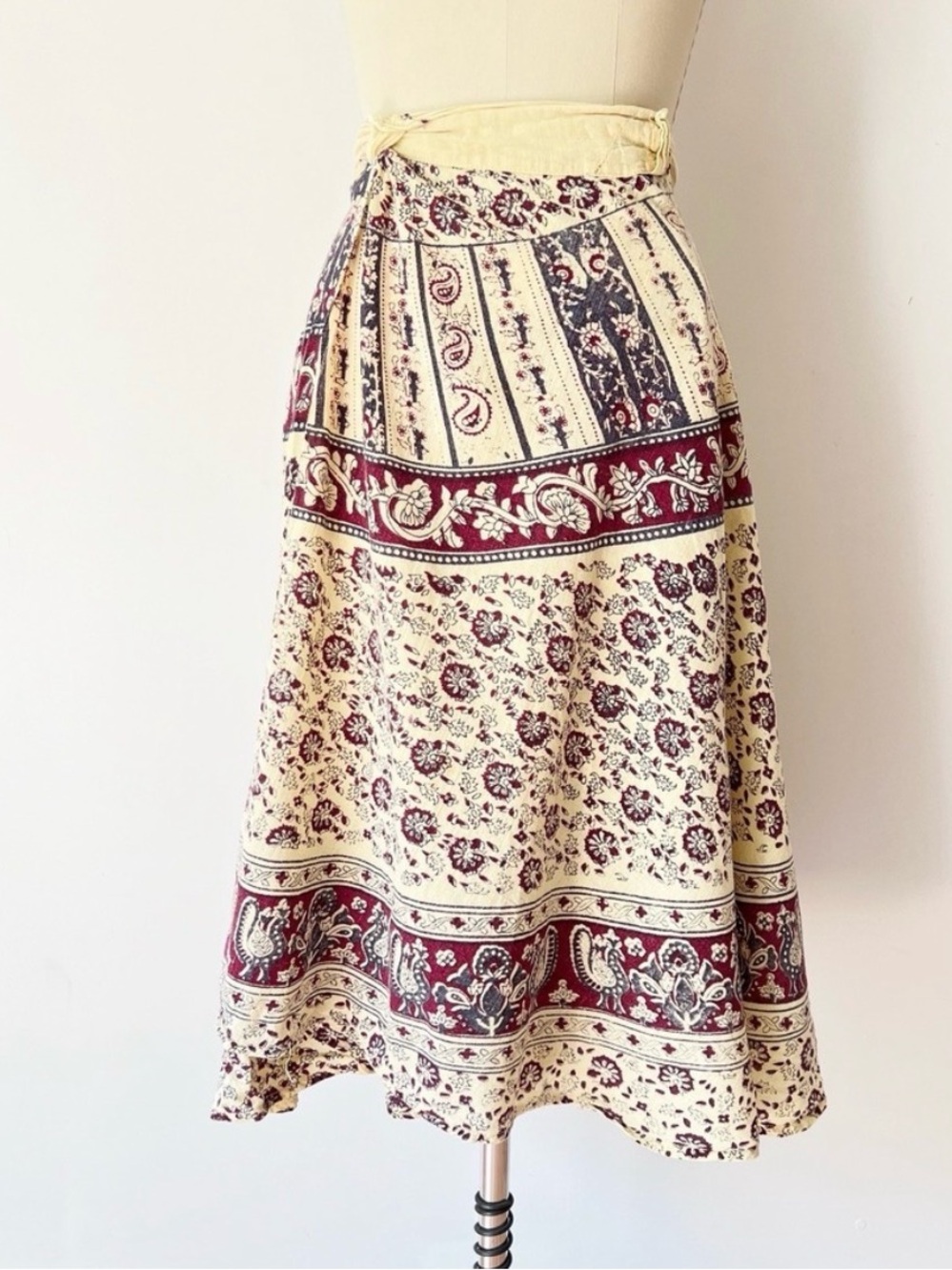 Block Printed Cotton Wrap Skirt Purple Paisley Vintage Hippie Granola Girl Midi